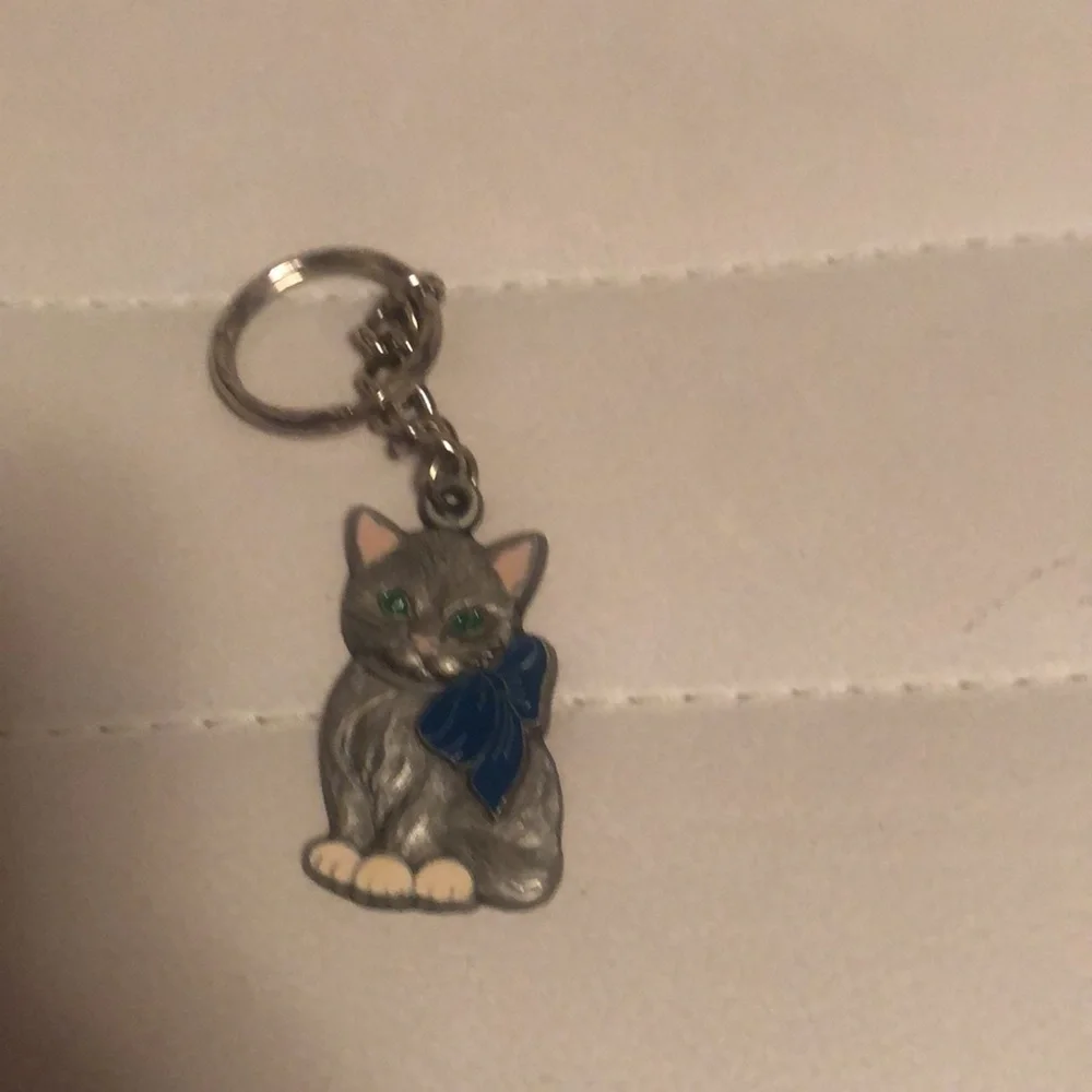 Gray Cat Keychain with Blue Bow